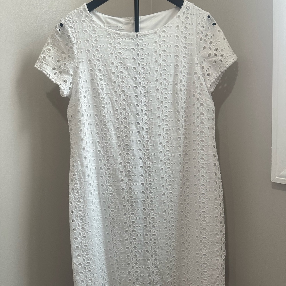 London Times 100% Cotton White Eyelet Short Sleeve Shift Mini Dress - Picture 4 of 12